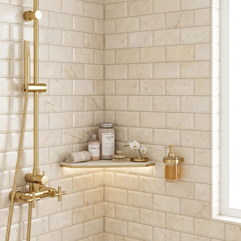 Crema Marfil (Spanish) Marble 3x6 Cream Honed Tile — Bathroom shower wall