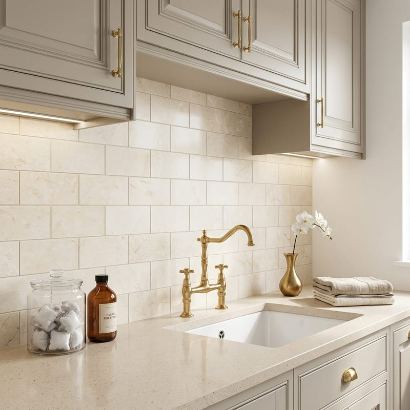 Crema Marfil (Spanish) Marble 3x6 Cream Honed Tile — Laundry Room backsplash