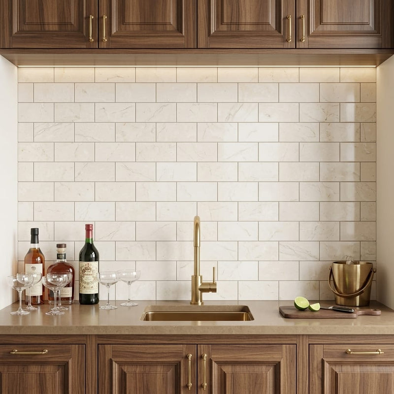 Crema Marfil (Spanish) Marble 3x6 Cream Honed Tile — Wet Bar backsplash