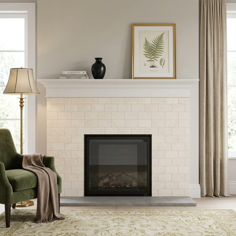 Crema Marfil (Spanish) Marble 3x6 Cream Honed Tile — Living Room fireplace surround