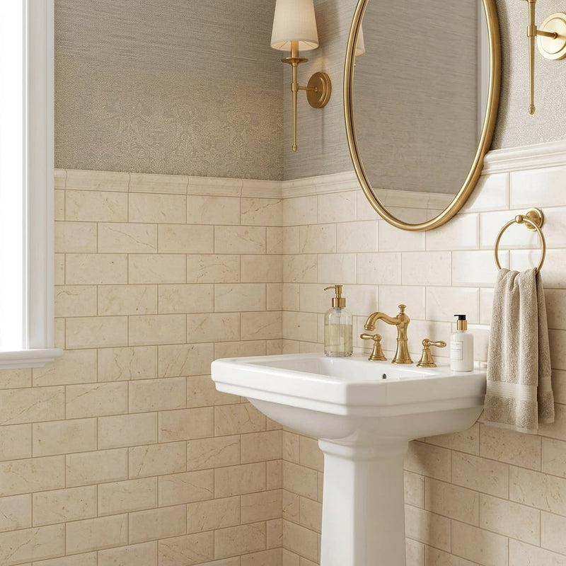 Crema Marfil (Spanish) Marble 3x6 Cream Honed Tile — Powder Room wainscot