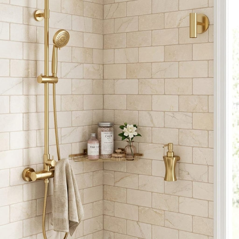Crema Marfil (Spanish) Marble 3x6 Cream Tumbled Tile — Bathroom shower wall