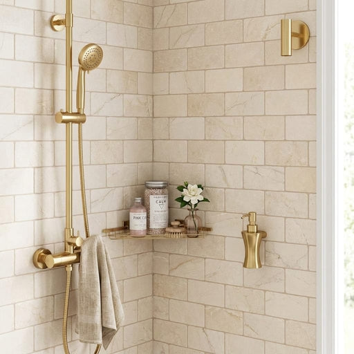 Crema Marfil (Spanish) Marble 3x6 Cream Tumbled Tile — Bathroom shower wall