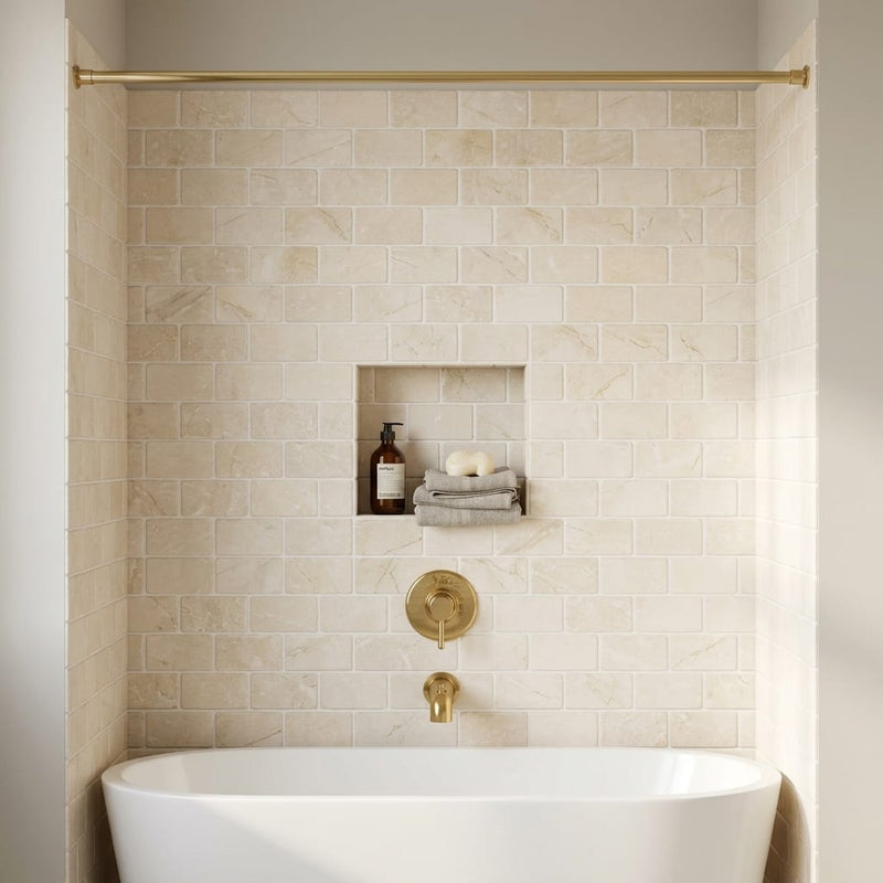 Crema Marfil (Spanish) Marble 3x6 Cream Tumbled Tile — Bathroom tub surround