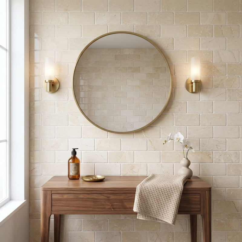 Crema Marfil (Spanish) Marble 3x6 Cream Tumbled Tile — Bathroom wall