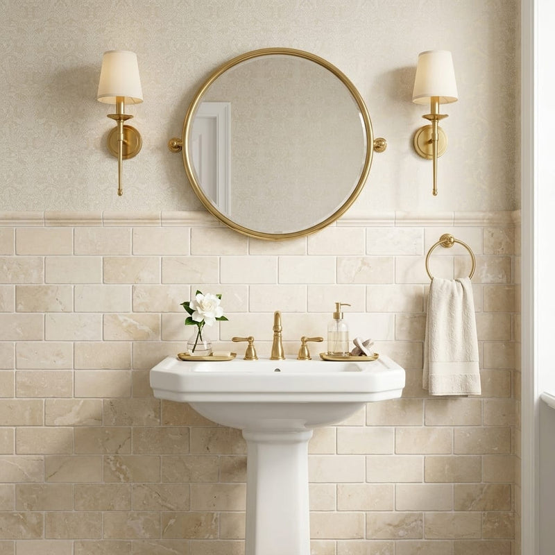 Crema Marfil (Spanish) Marble 3x6 Cream Tumbled Tile — Powder Room wainscot