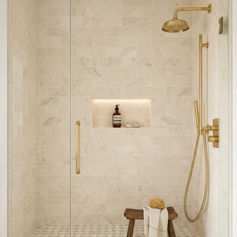 Crema Marfil (Spanish) Marble 4x12 Cream Honed Tile — Bathroom shower wall