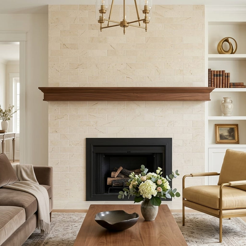 Crema Marfil (Spanish) Marble 4x12 Cream Honed Tile — Living Room fireplace surround