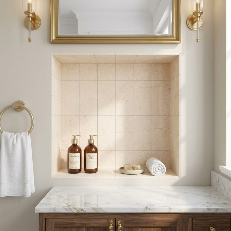 Crema Marfil (Spanish) Marble 4x4 Cream Honed Tile — Bathroom niche