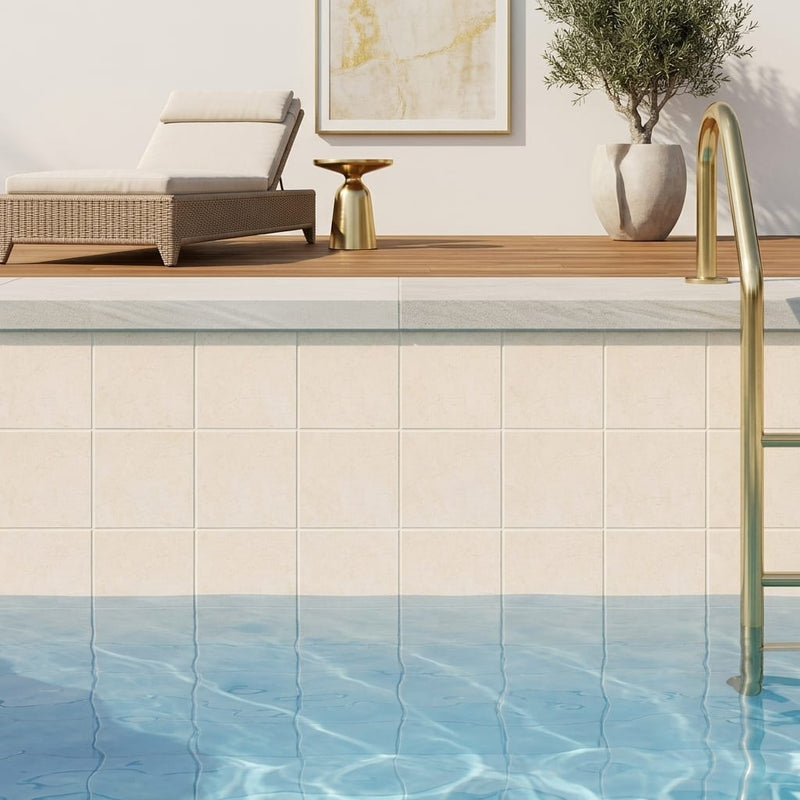 Crema Marfil (Spanish) Marble 4x4 Cream Honed Tile — Swimming Pool waterline