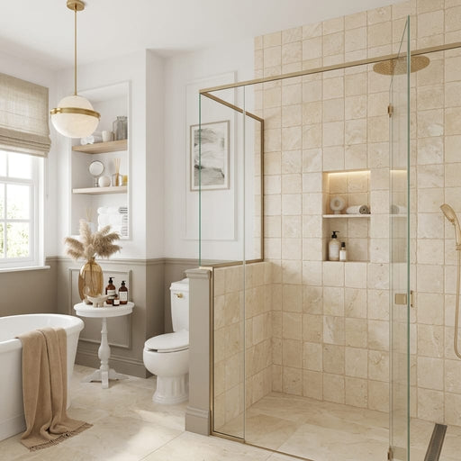 Crema Marfil (Spanish) Marble 4x4 Cream Tumbled Tile — Bathroom shower wall accent band