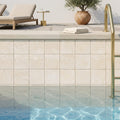 Crema Marfil (Spanish) Marble 4x4 Cream Tumbled Tile — Swimming Pool waterline