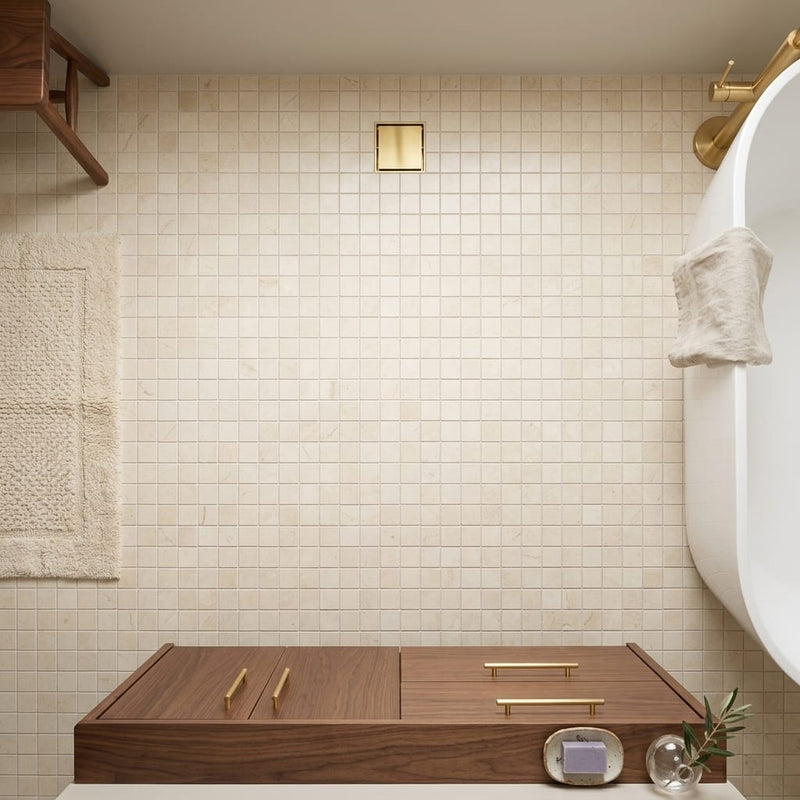 Crema Marfil (Spanish) Marble 5/8x5/8 Cream Honed Mosaic — Bathroom floor