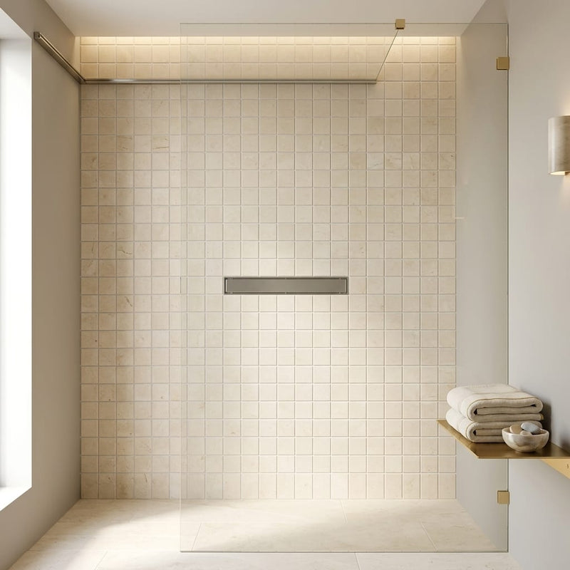 Crema Marfil (Spanish) Marble 5/8x5/8 Cream Honed Mosaic — Bathroom shower floor