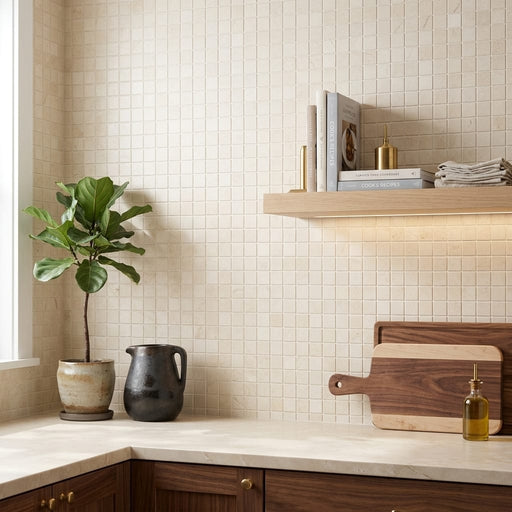 Crema Marfil (Spanish) Marble 5/8x5/8 Cream Honed Mosaic — Kitchen backsplash