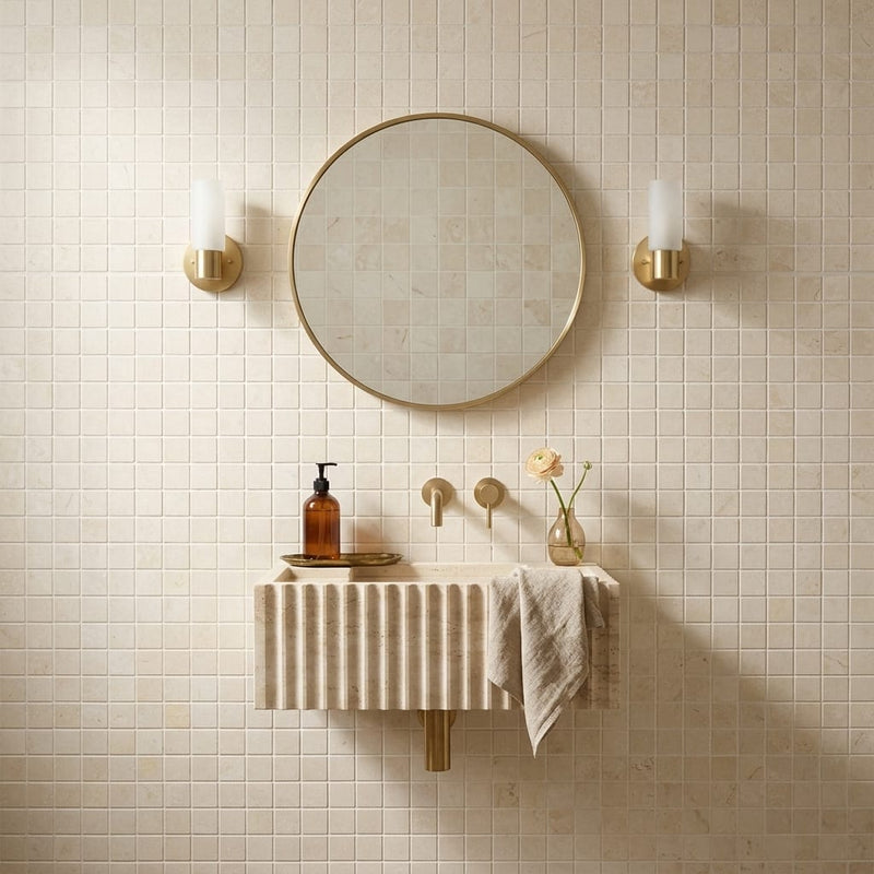 Crema Marfil (Spanish) Marble 5/8x5/8 Cream Honed Mosaic — Powder Room wall