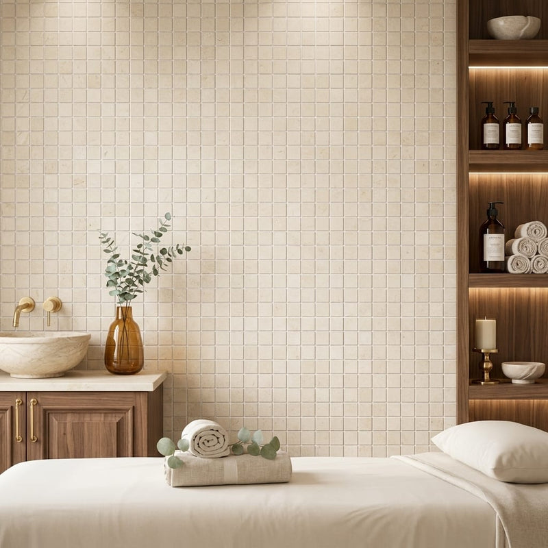 Crema Marfil (Spanish) Marble 5/8x5/8 Cream Honed Mosaic — Spa spa interior