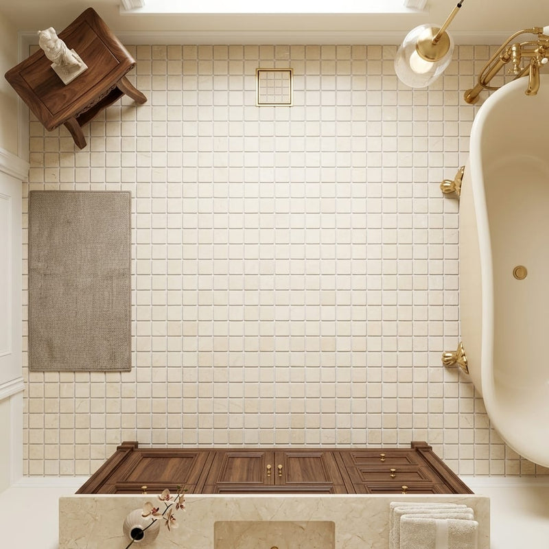Crema Marfil (Spanish) Marble 5/8x5/8 Cream Tumbled Mosaic — Bathroom floor