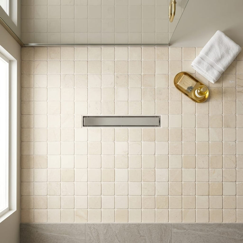 Crema Marfil (Spanish) Marble 5/8x5/8 Cream Tumbled Mosaic — Bathroom shower floor