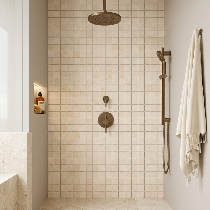 Crema Marfil (Spanish) Marble 5/8x5/8 Cream Tumbled Mosaic — Bathroom shower wall