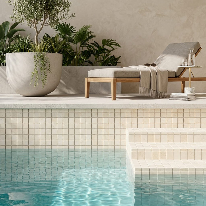 Crema Marfil (Spanish) Marble 5/8x5/8 Cream Tumbled Mosaic — Swimming Pool pool interior tiling