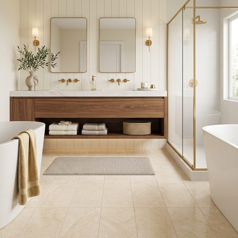 Crema Marfil (Spanish) Marble 6x12 Cream Honed Tile — Bathroom floor