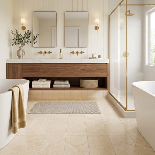 Crema Marfil (Spanish) Marble 6x12 Cream Honed Tile — Bathroom floor