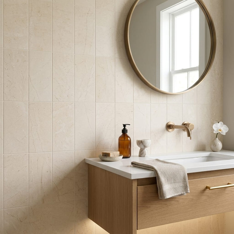 Crema Marfil (Spanish) Marble 6x12 Cream Honed Tile — Bathroom wall