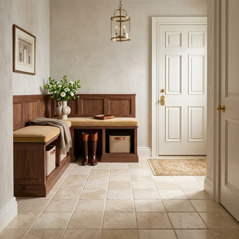 Crema Marfil (Spanish) Marble 6x6 Cream Tumbled Tile — Mudroom floor
