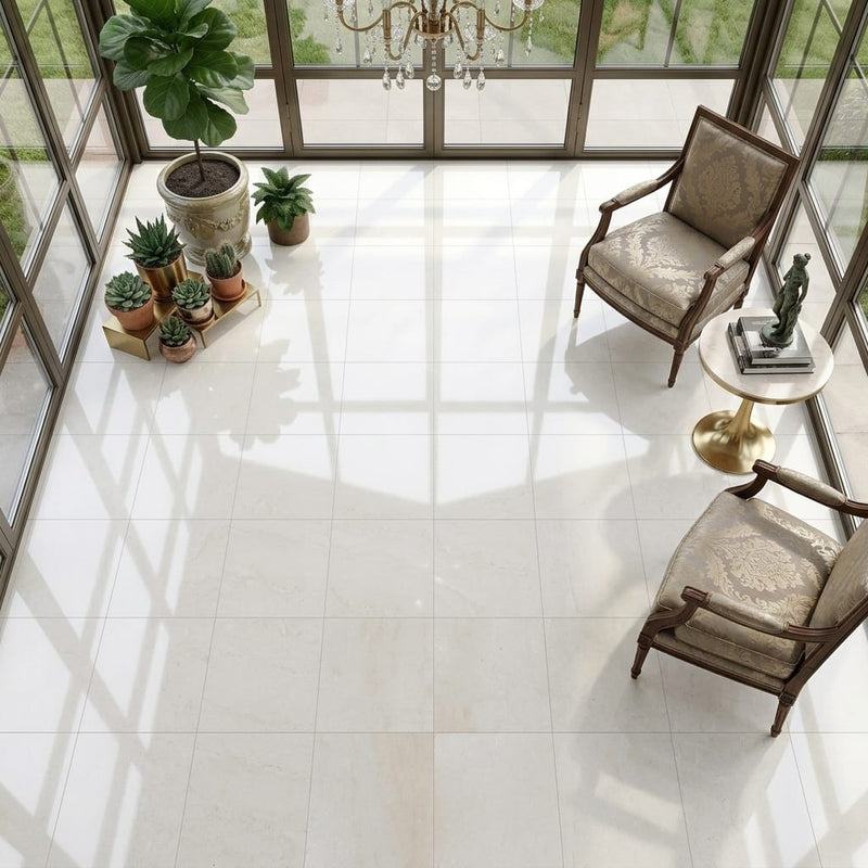 Crema Simona Marble Tile 18x18 Polished — Sunroom floor