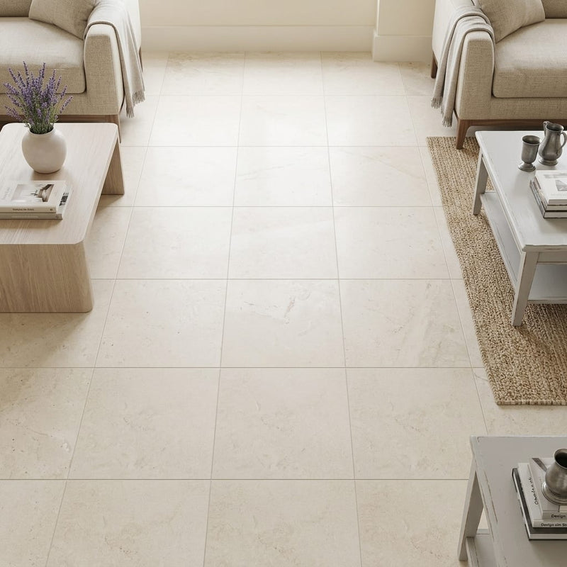 Crema Vossicone 18x18 Honed Limestone Tile — Family Room floor