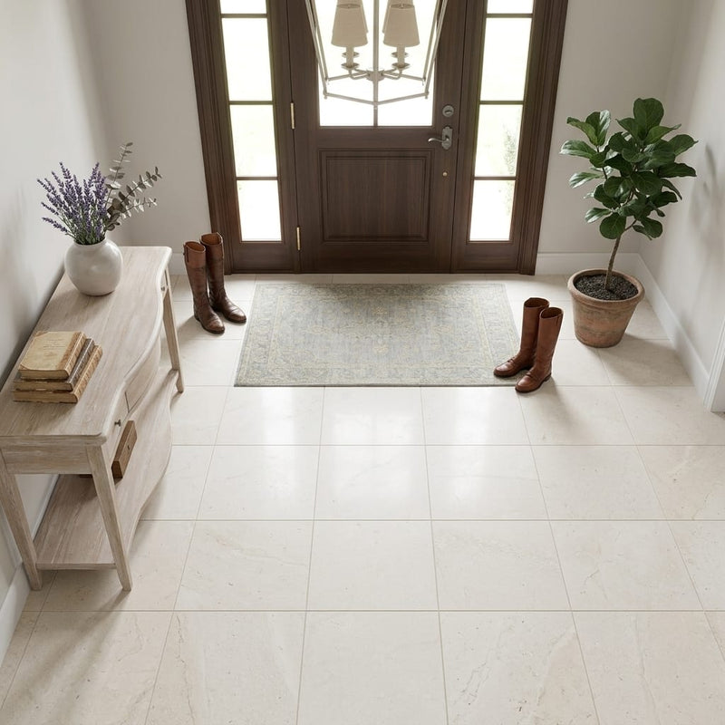 Crema Vossicone 18x18 Honed Limestone Tile — Foyer floor