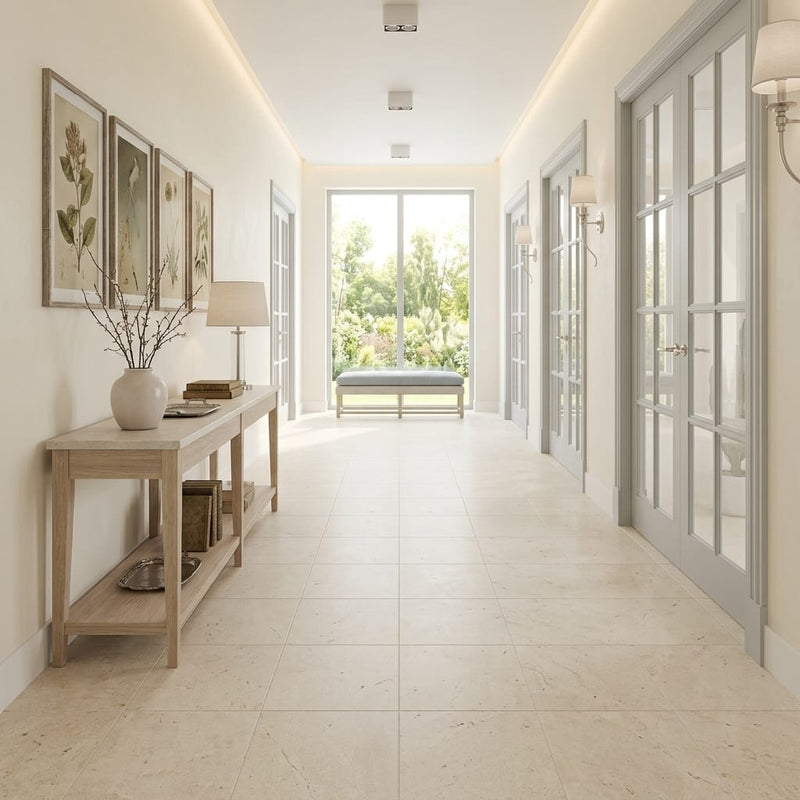 Crema Vossicone 18x18 Honed Limestone Tile — Hallway floor