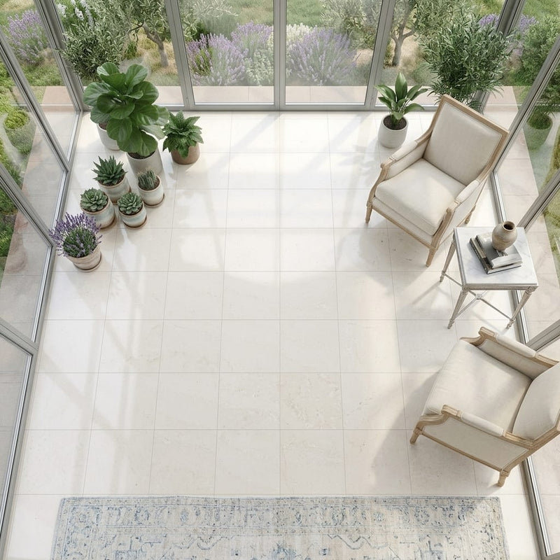 Crema Vossicone 18x18 Honed Limestone Tile — Sunroom floor