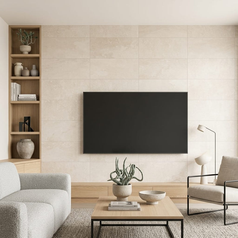 Cristallo Sabbia 12x24 Porcelain Tile — Living Room feature wall