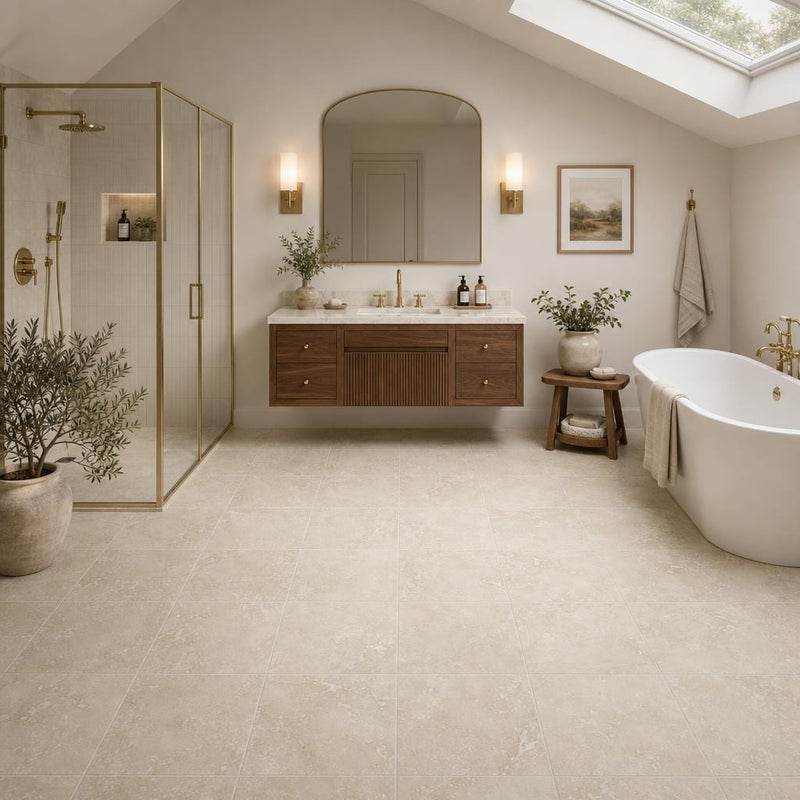 Cross Cut Classico 12x12 Honed Filled Travertine Tile — Bathroom floor