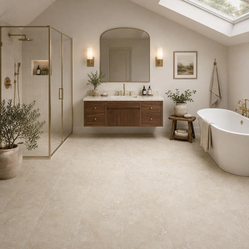 Cross Cut Classico 12x12 Honed Filled Travertine Tile — Bathroom floor