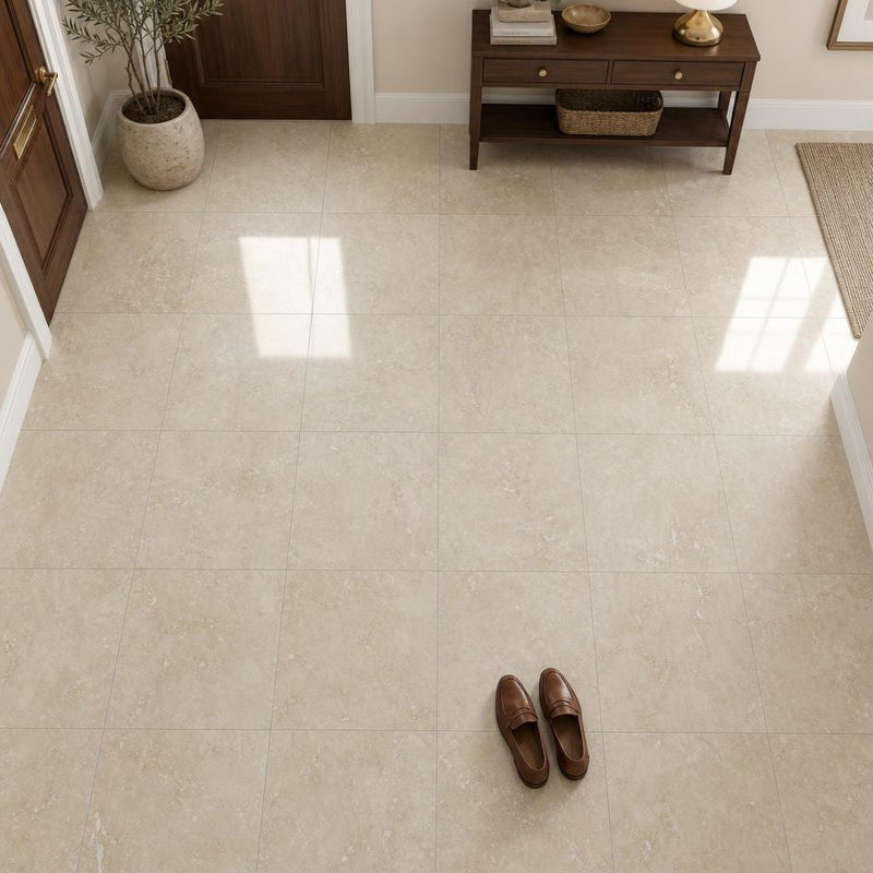 Cross Cut Classico 12x12 Honed Filled Travertine Tile — Foyer floor