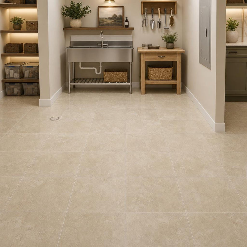 Cross Cut Ivory (Navona) 12x12 Honed Filled Travertine Tile — Basement floor