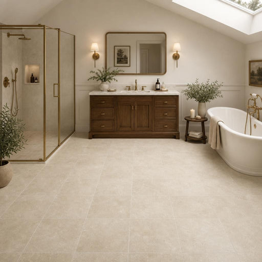 Cross Cut Ivory (Navona) 12x12 Honed Filled Travertine Tile — Bathroom floor