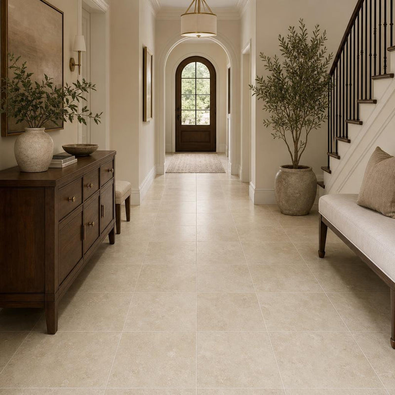 Cross Cut Ivory (Navona) 12x12 Honed Filled Travertine Tile — Hallway floor