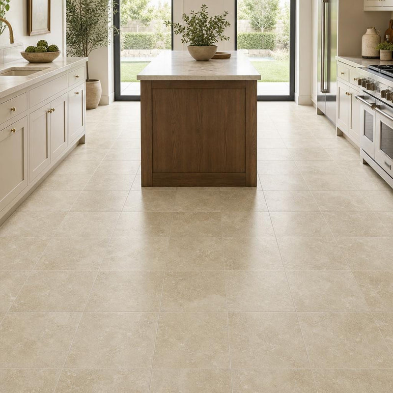 Cross Cut Ivory (Navona) 12x12 Honed Filled Travertine Tile — Kitchen floor