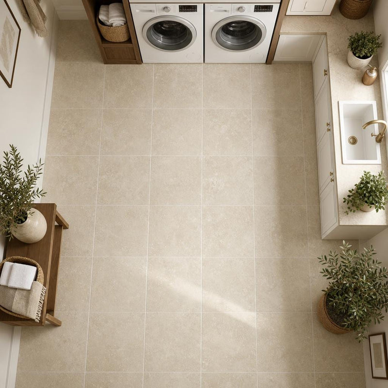 Cross Cut Ivory (Navona) 12x12 Honed Filled Travertine Tile — Laundry Room floor