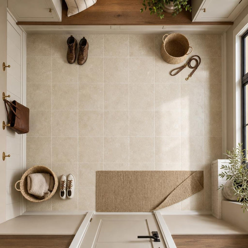 Cross Cut Ivory (Navona) 12x12 Honed Filled Travertine Tile — Mudroom floor