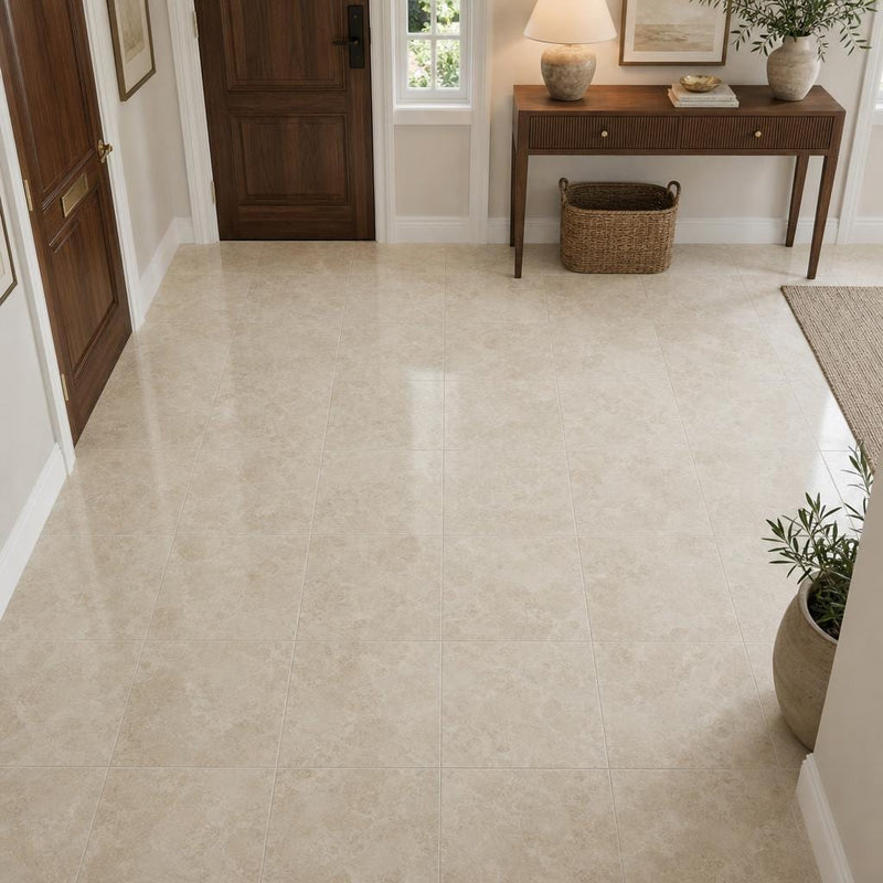 Cross Cut Travertine Classico 12x12 Polished Filled Tile — Foyer floor