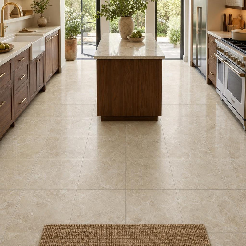 Cross Cut Travertine Classico 12x12 Polished Filled Tile — Kitchen floor