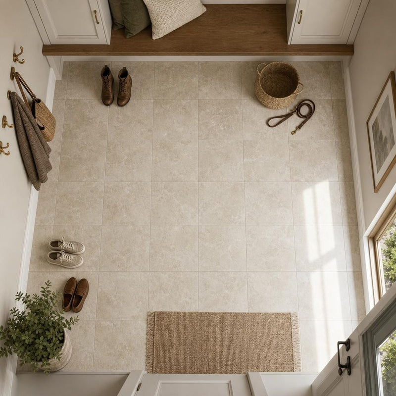 Cross Cut Travertine Classico 12x12 Polished Filled Tile — Mudroom floor