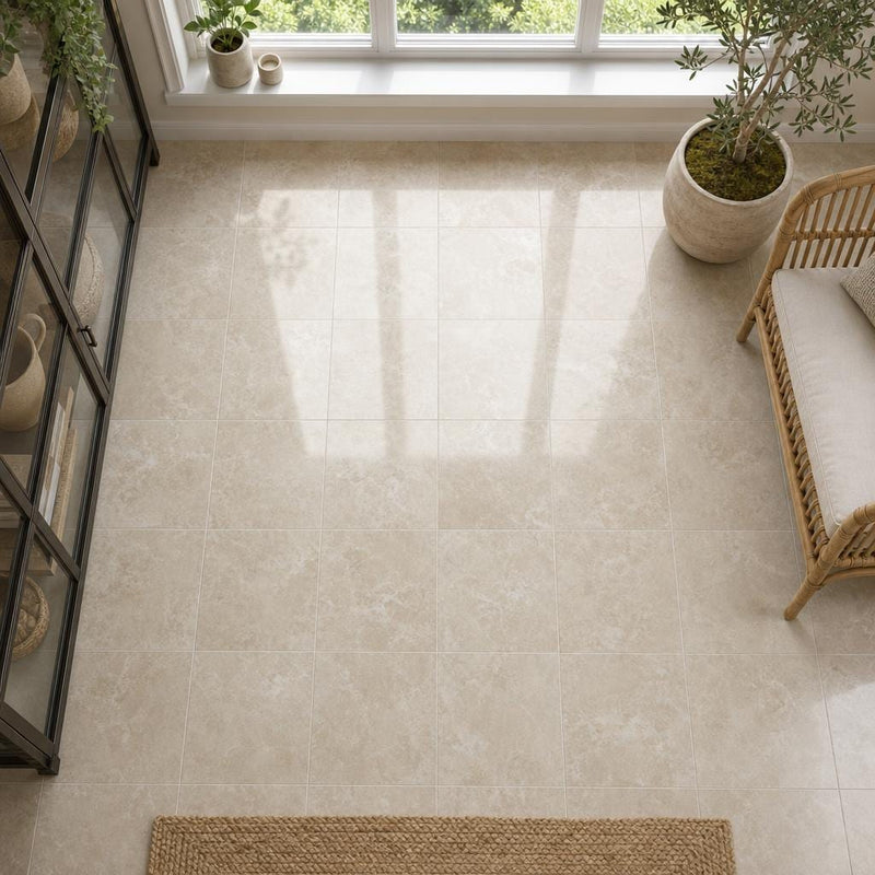 Cross Cut Travertine Classico 12x12 Polished Filled Tile — Sunroom floor