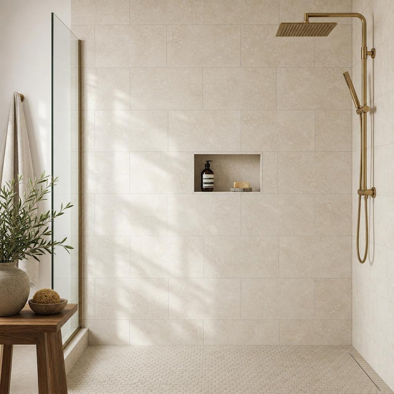 Cross Cut Travertine Classico 12x24 Honed Filled Tile — Bathroom shower wall