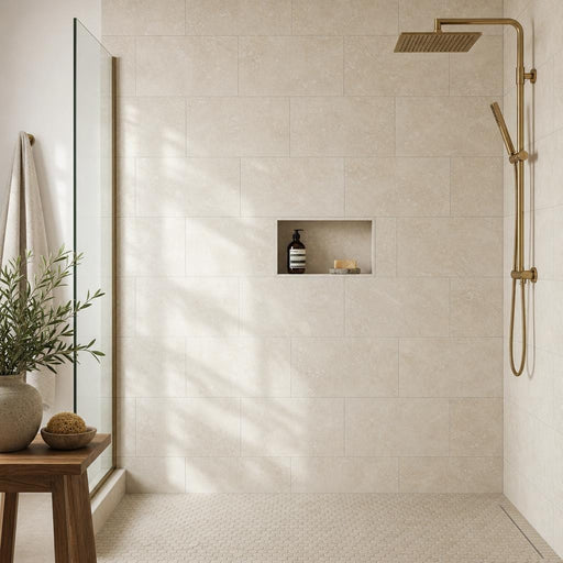 Cross Cut Travertine Classico 12x24 Honed Filled Tile — Bathroom shower wall
